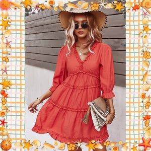 Tiered Orange V Neck Ruffled Dress, Size XL NWT